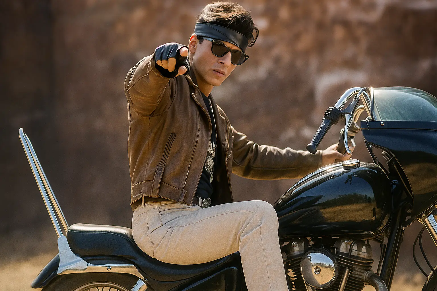 Shah Rukh Khan smiling while reading a film script under spotlight on set