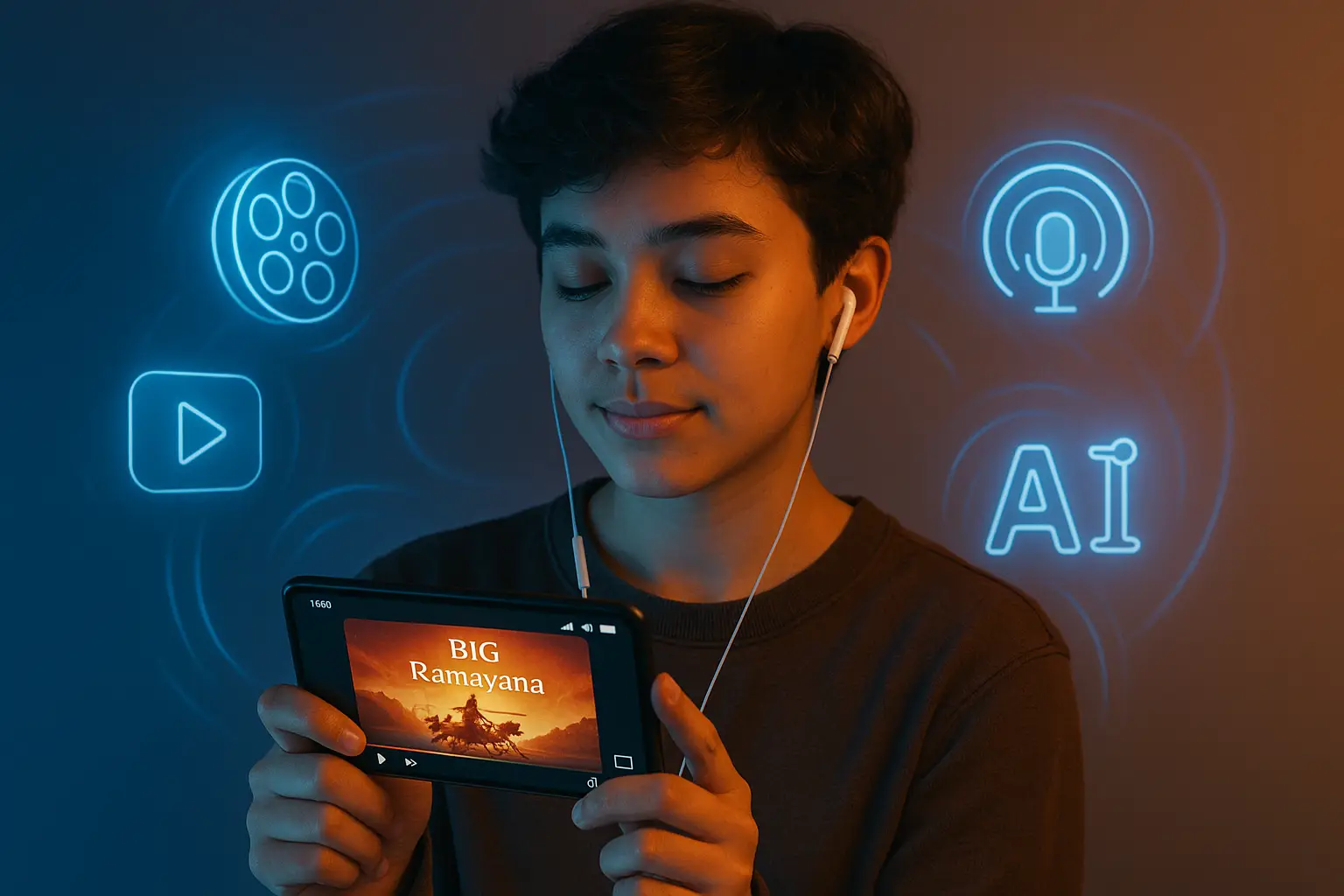 Young Gen Z listener engaging with BIG FM AI-led BIG Ramayana series on mobile.