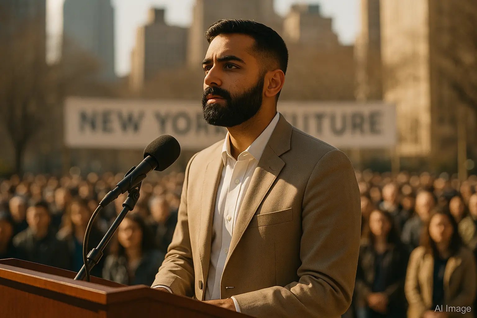 Zohran Mamdani addressing supporters in New York City campaign rally.