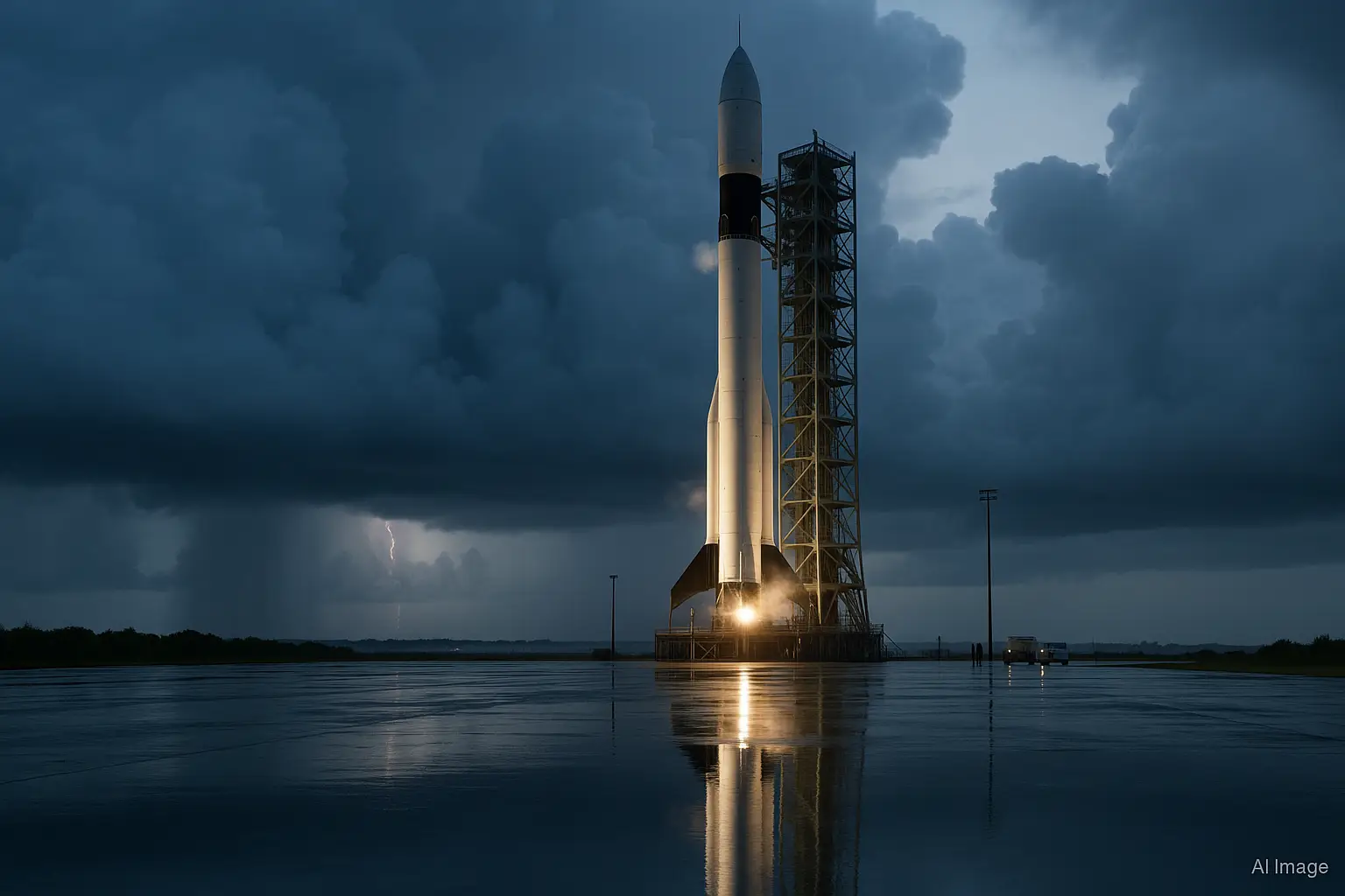 Blue Origin scrubbed launch scene with rocket, storm clouds, wet pad.