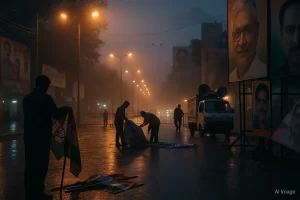 Election campaign posters and empty rally ground in Bihar evening scene.