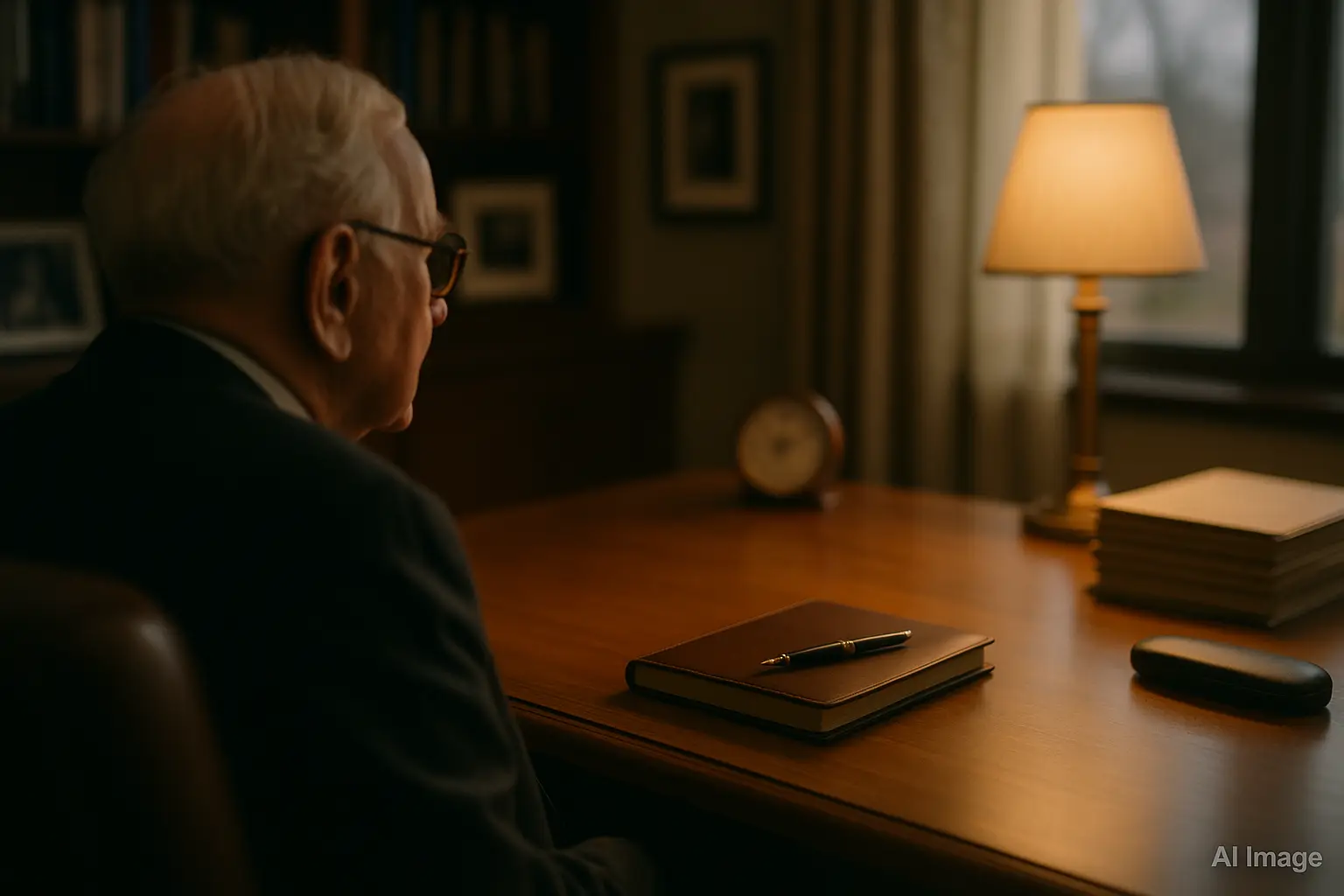 Desk with closed notebook and pen symbolizing Buffett ending letters.