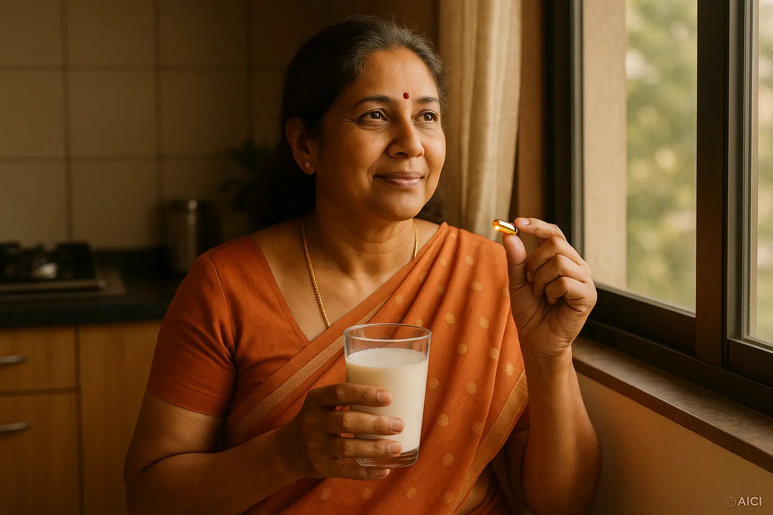 Indian woman taking Vitamin D supplement with milk for strong bones